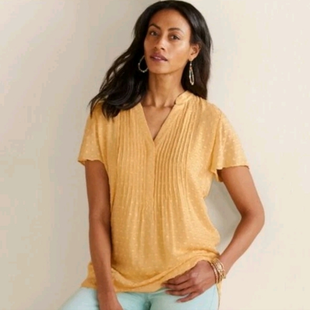 Soft Surroundings Women's Swiss Dot Boho Pleated Yellow Blouse XL